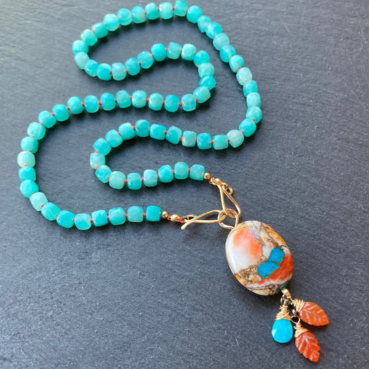 Amazonite Hand Knotted Coral Silk Necklace with Removable Kingman Turquoise & Spiny Oyster Pendant