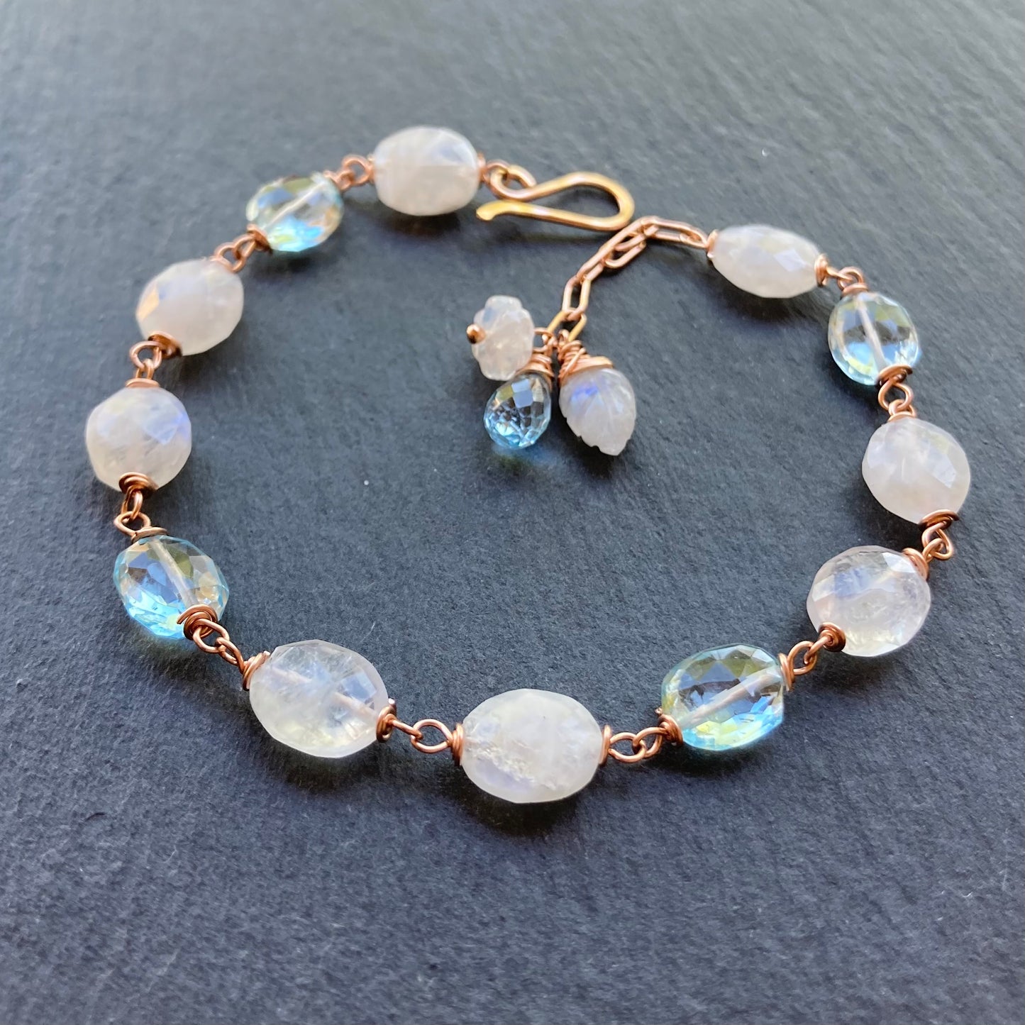 Blue Topaz, Rainbow Moonstone & Rose Gold Bracelet
