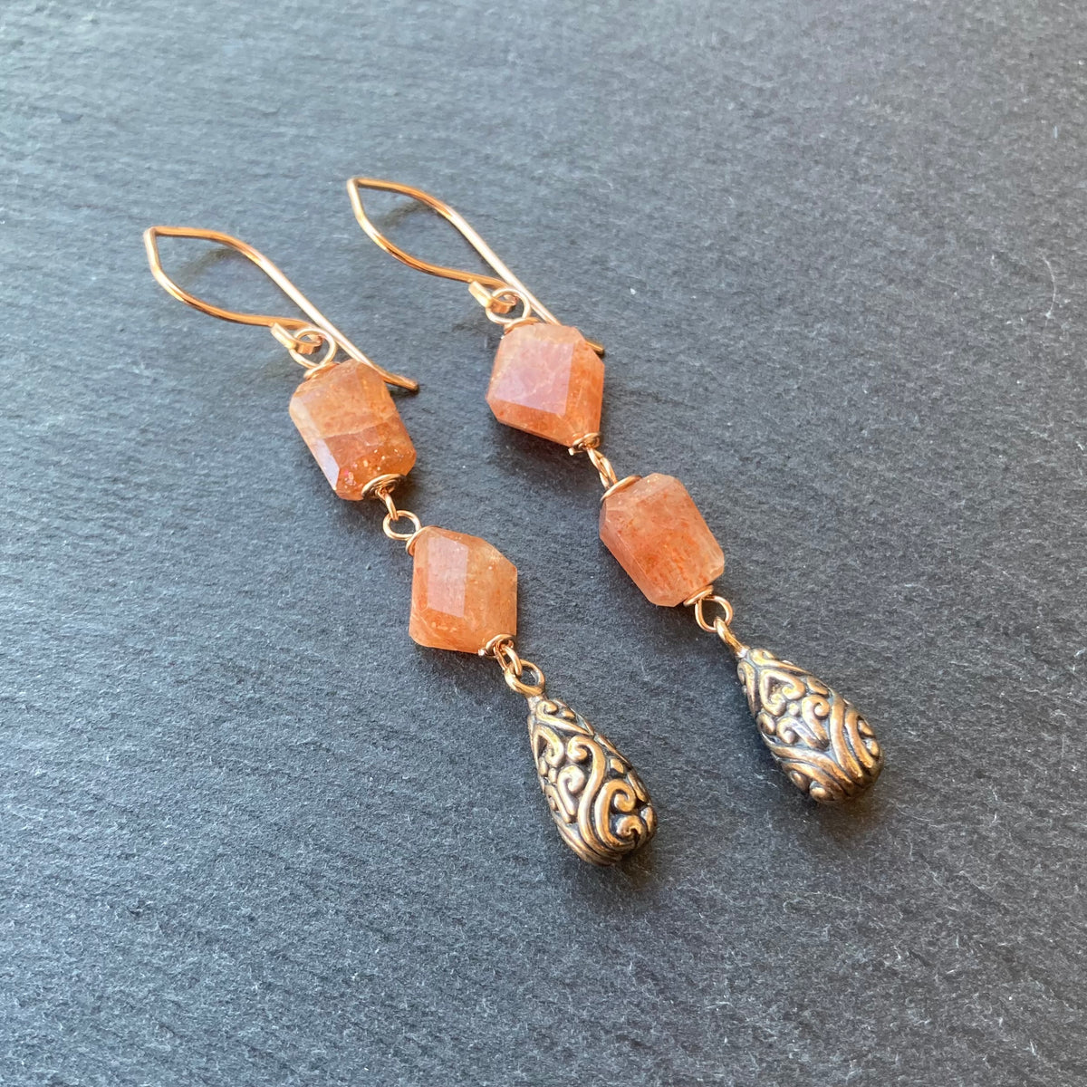 Sunstone, Rose Gold & Shibuichi Long Drop Earrings