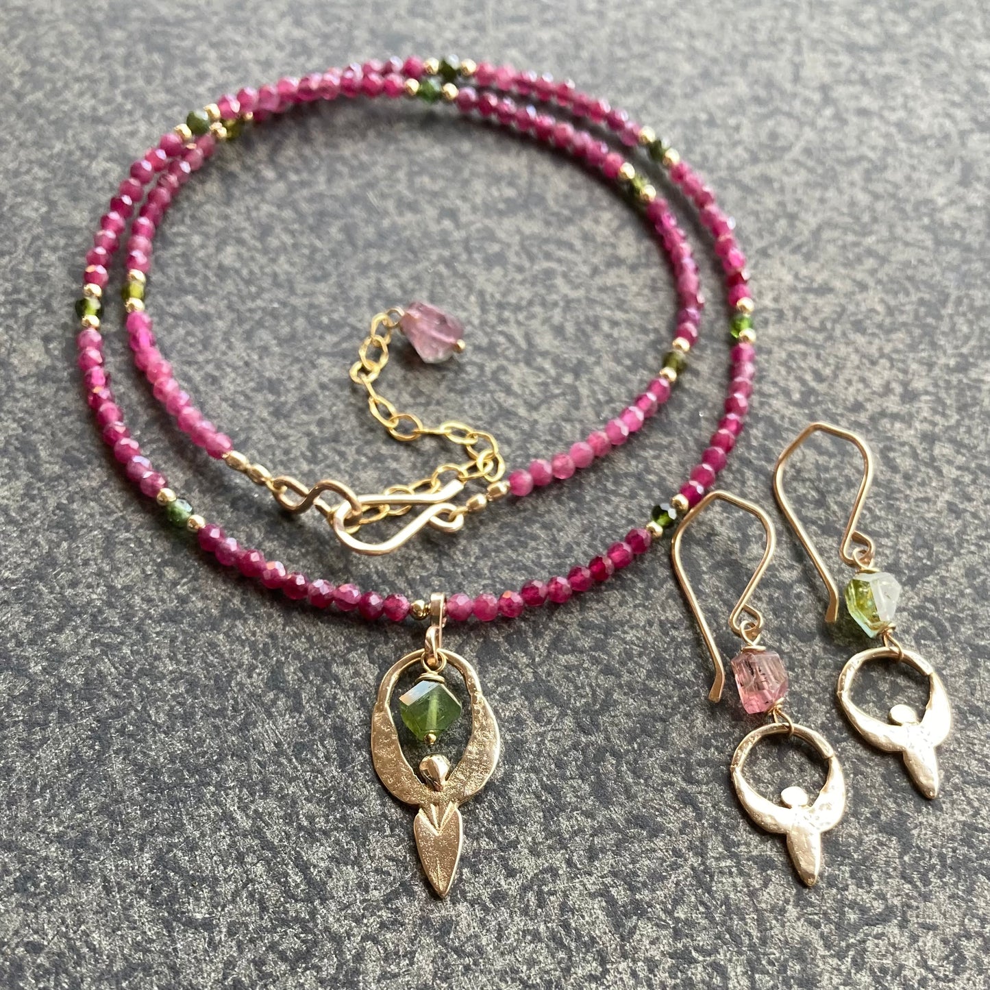 Watermelon Tourmaline, Gold & Bronze Goddess Pendant Choker