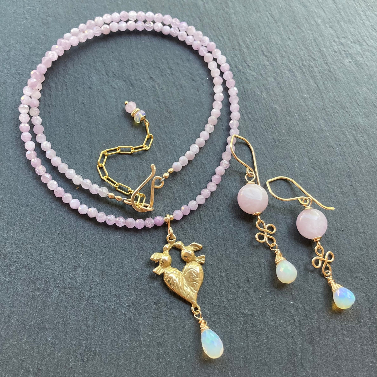 Kunzite, Ethiopian Opal, Gold & Bronze Love Birds Pendant Necklace