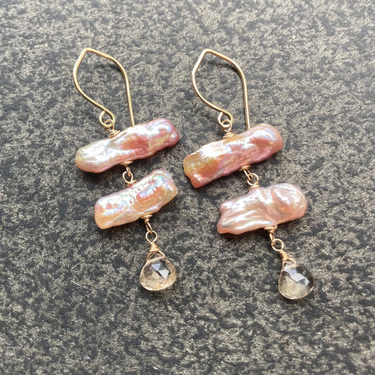 Angel Pink Biwa Pearl, Imperial Topaz & Gold Earrings