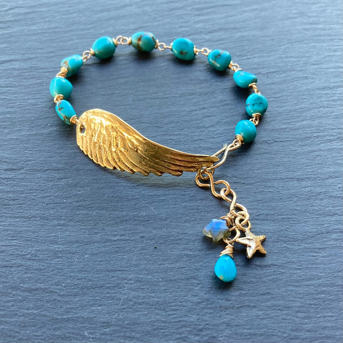 Turquoise, Gold & Bronze Winged Goddess Bracelet