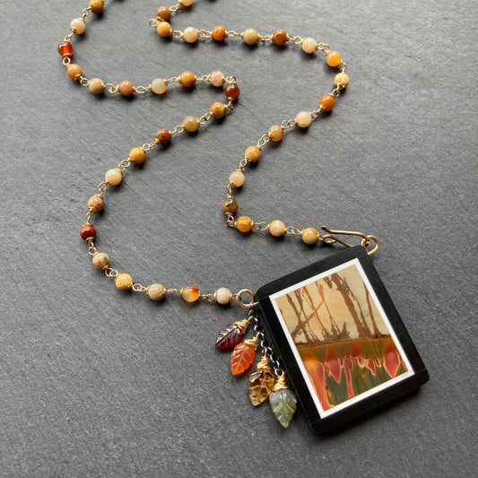 Fossil Coral, Gold & Red Creek Jasper Autumn Woods Pendant Necklace