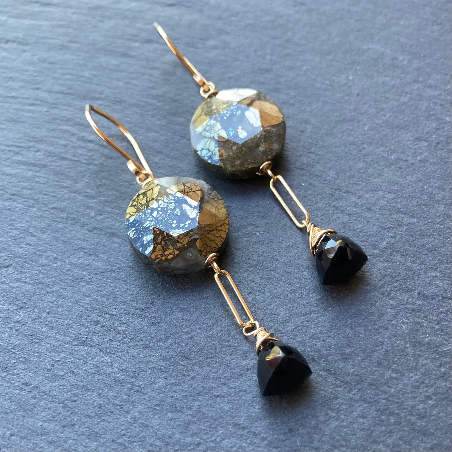 Nipomo Marcasite in Agate, Black Onyx & Gold Earrings