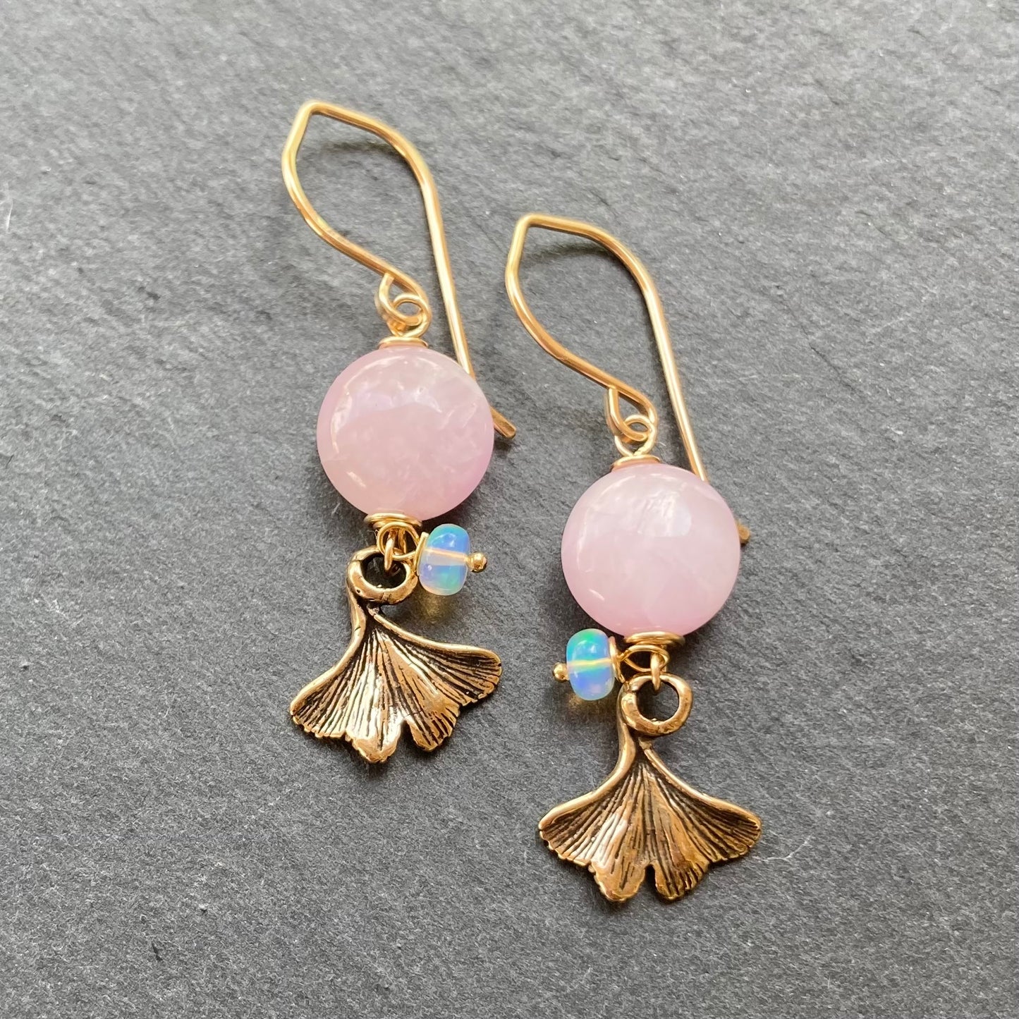 Kunzite, Gold & Bronze Ginkgo Leaf Earrings