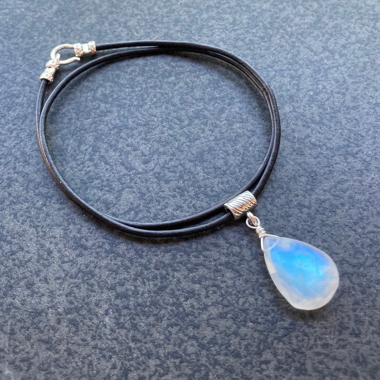 Rainbow Moonstone & Sterling Silver Leather Choker