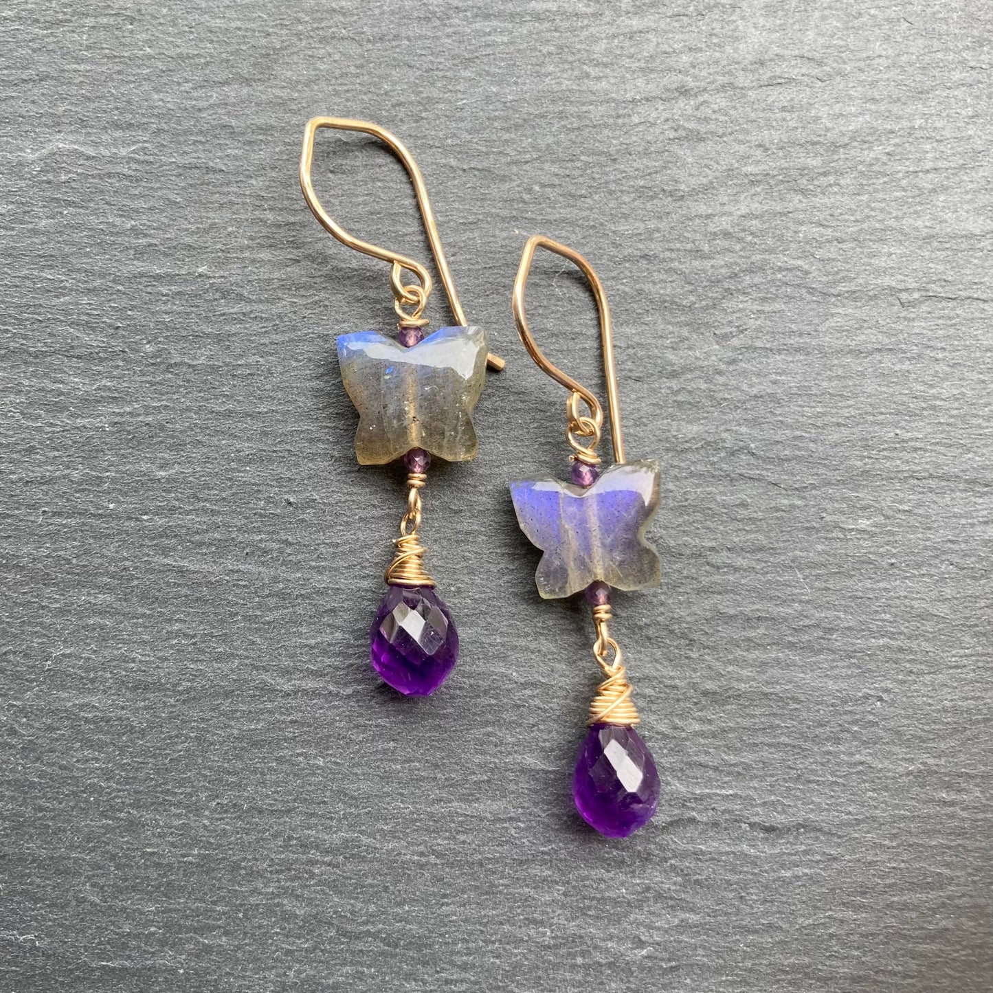 Labradorite, Amethyst & Gold Butterfly Earrings