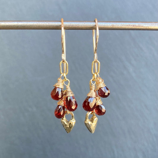 Mozambique Garnet, Gold & Bronze Heart Cascade Earrings