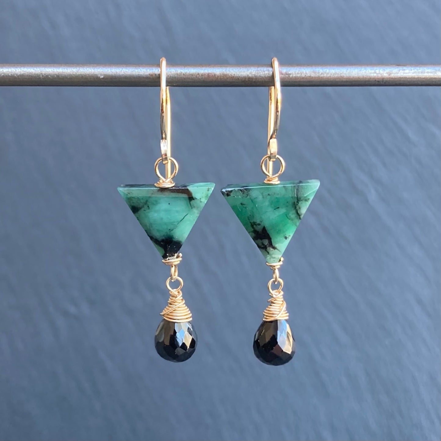 Natural Emerald, Black Onyx & Gold Earrings