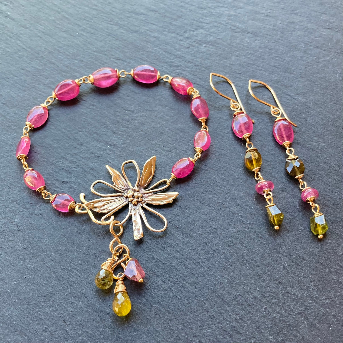 Pink Sapphire, Petro Tourmaline & Gold Earrings