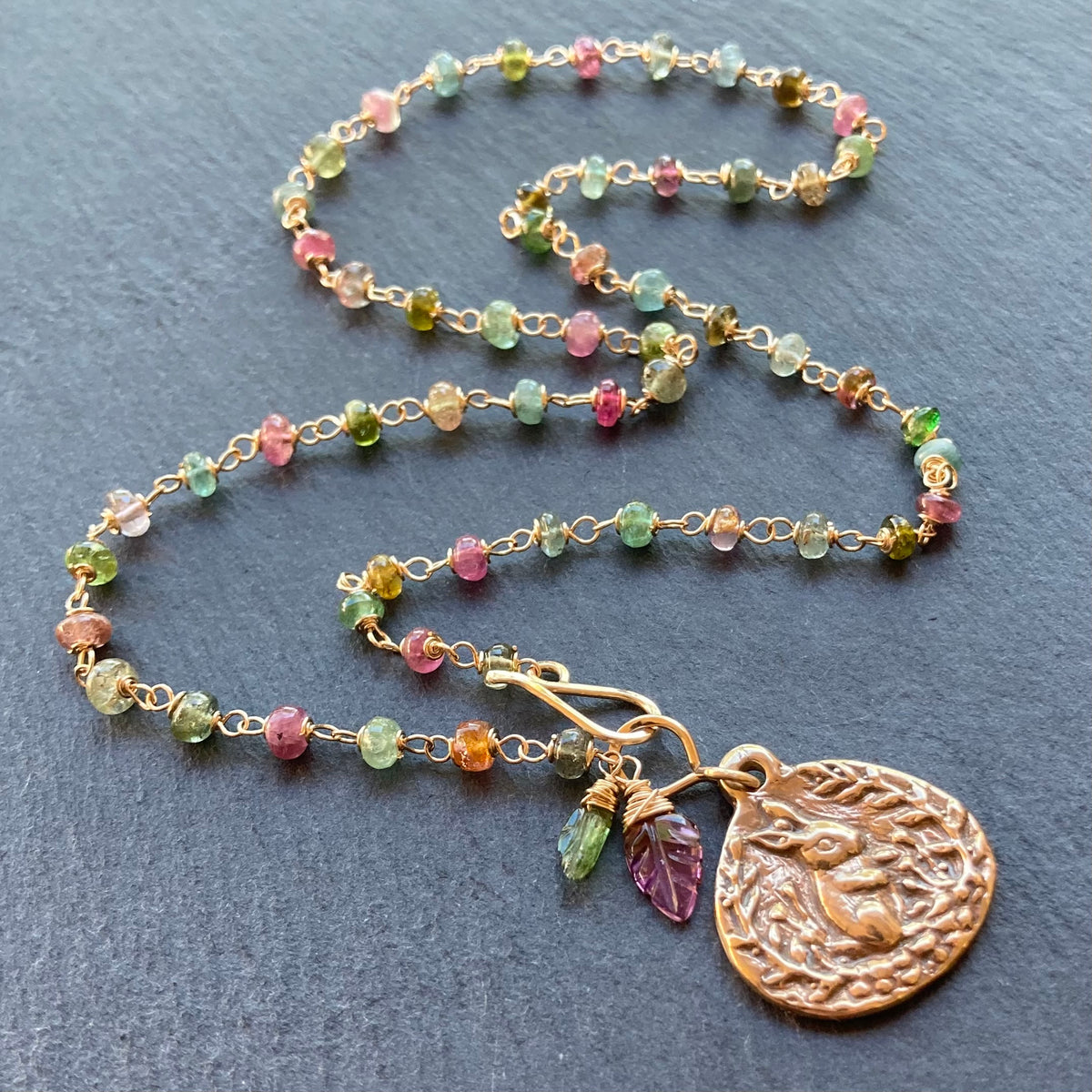 Tourmaline, Gold & Bronze Bunny Pendant Necklace