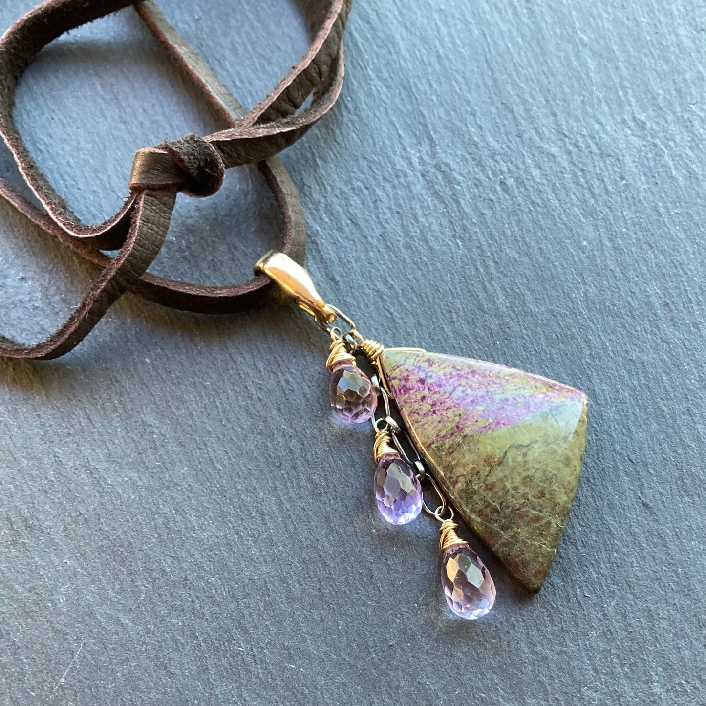 Atlantisite, Ametrine & Mixed Metal Deertan Leather Choker