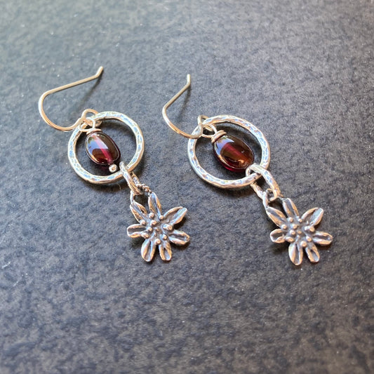 Rhodolite Garnet & Sterling Silver Flower Hoops