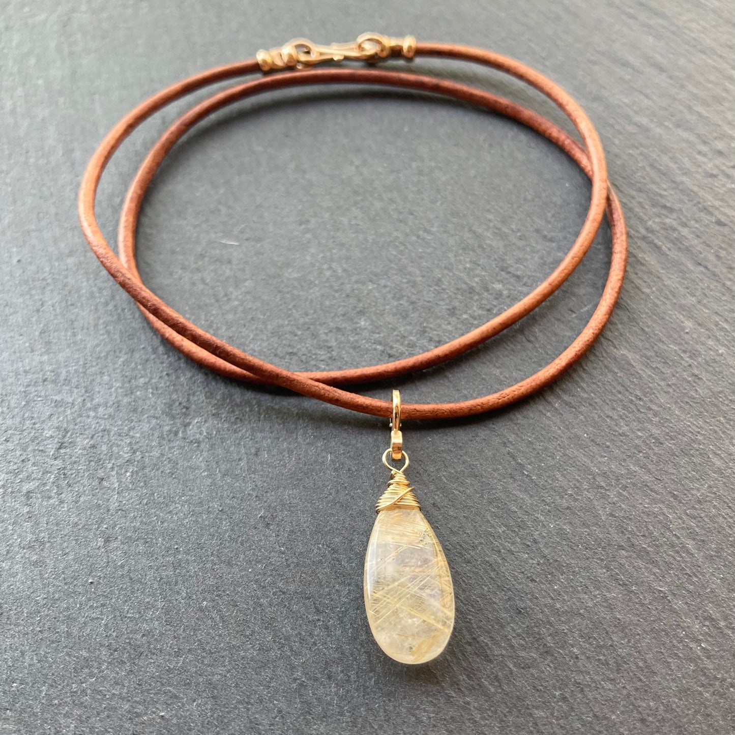 Golden Rutilated Quartz & Gold Leather Choker