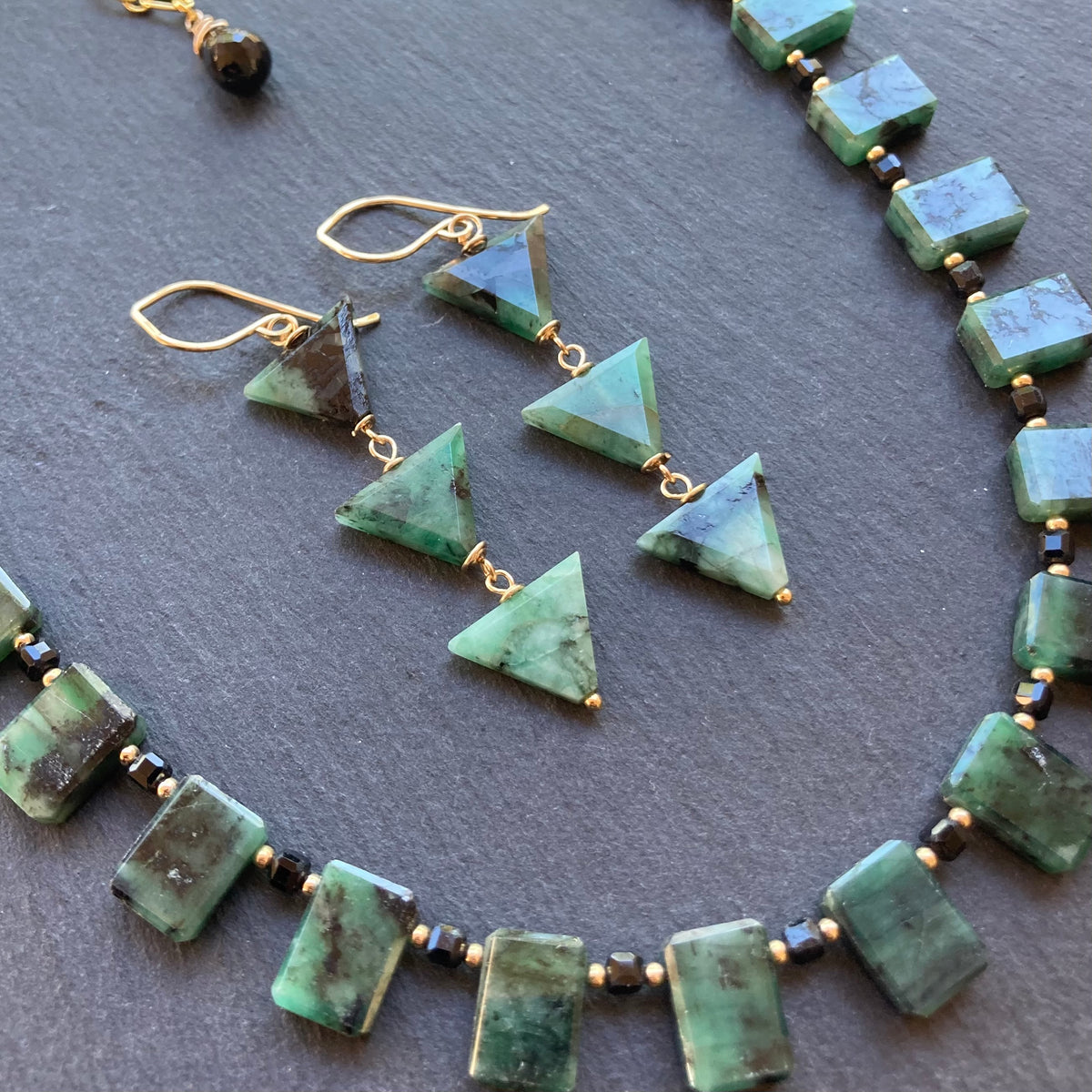 Natural Emerald, Black Tourmaline & Gold Collar