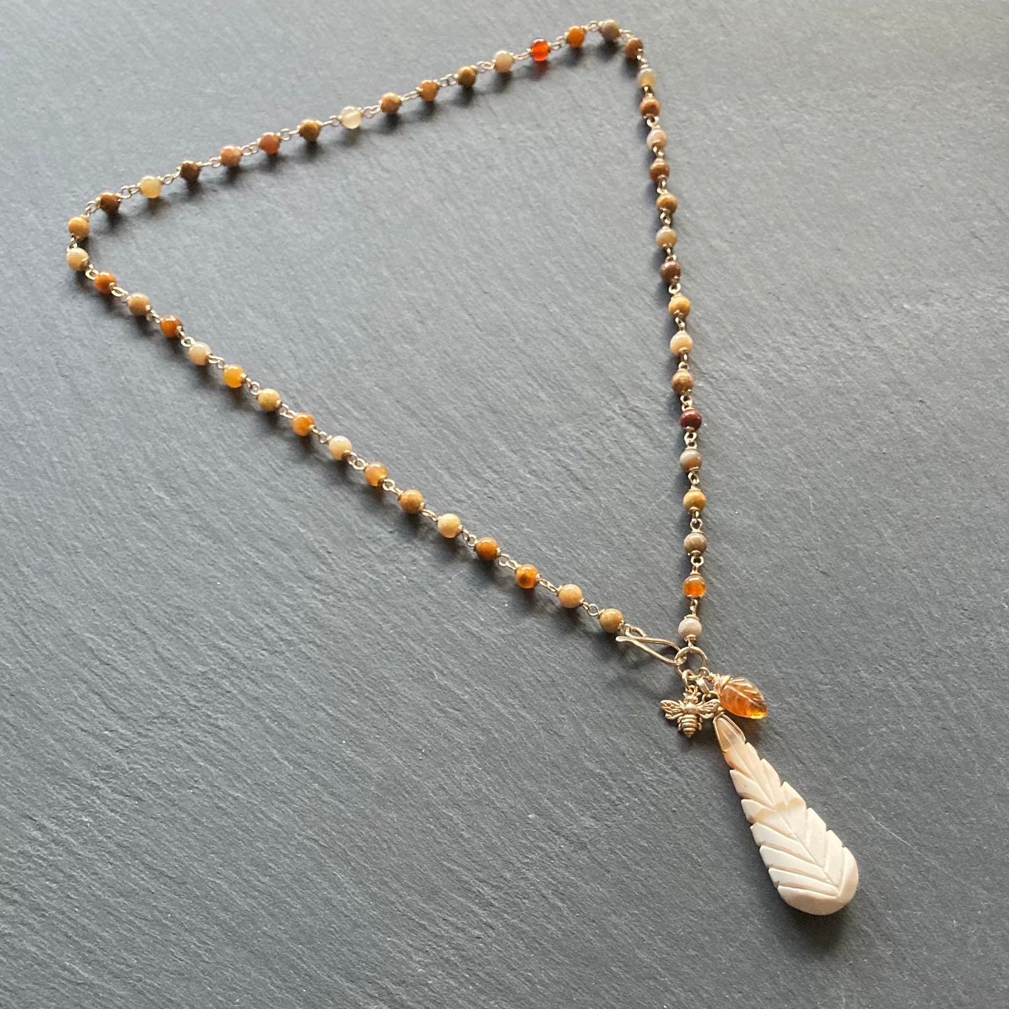 Fossil Coral, Dendritic Opal & Gold Nectar Pendant Necklace