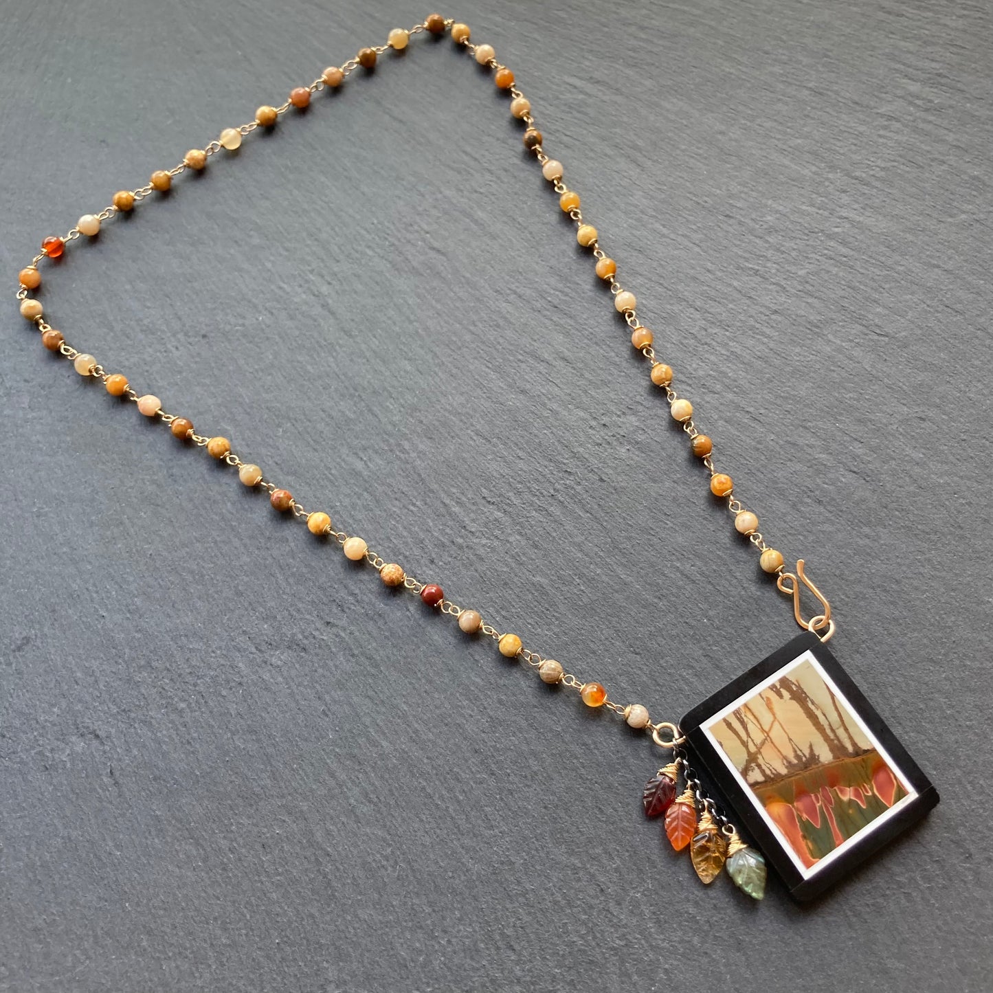 Fossil Coral, Gold & Red Creek Jasper Autumn Woods Pendant Necklace
