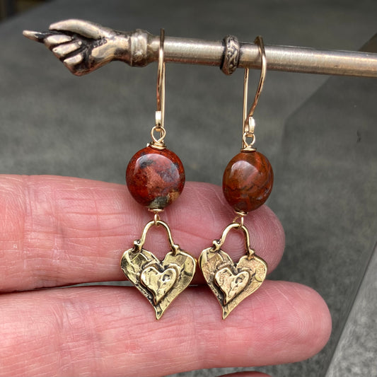Apple Jasper, Gold & Bronze Heart Earrings
