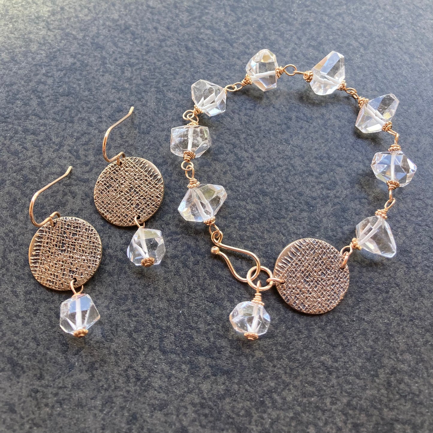 Herkimer Diamond & Bronze Vintage Linen Coin Earrings
