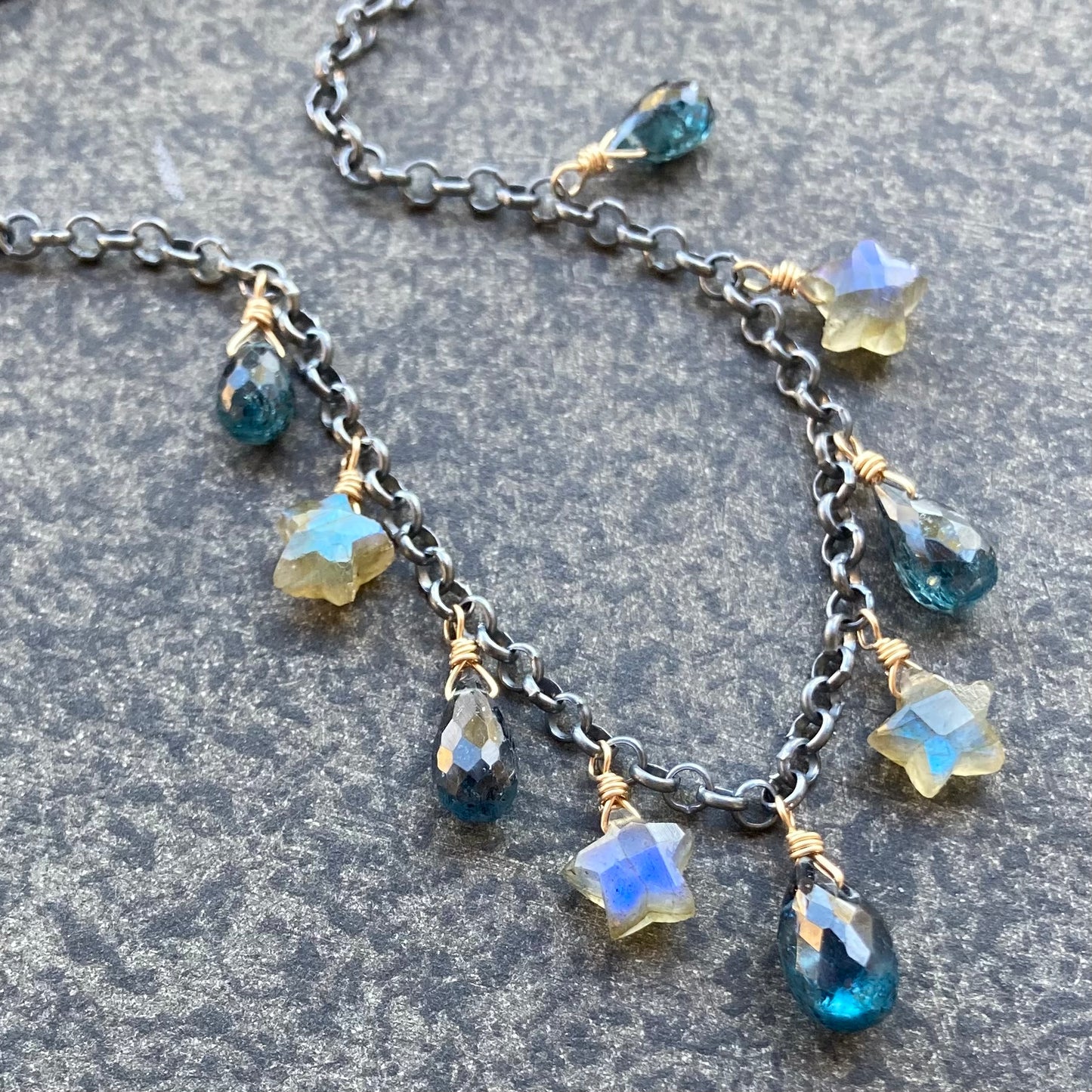 Moss Kyanite, Labradorite & Mixed Metal Stars Charm Choker