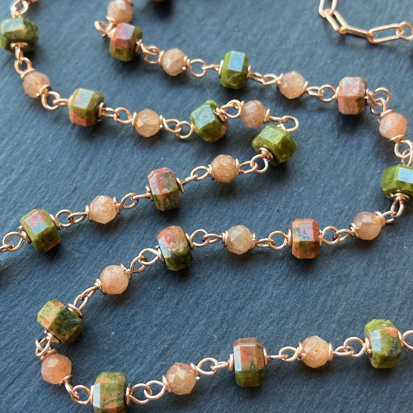 Unakite, Sunstone & Rose Gold Necklace