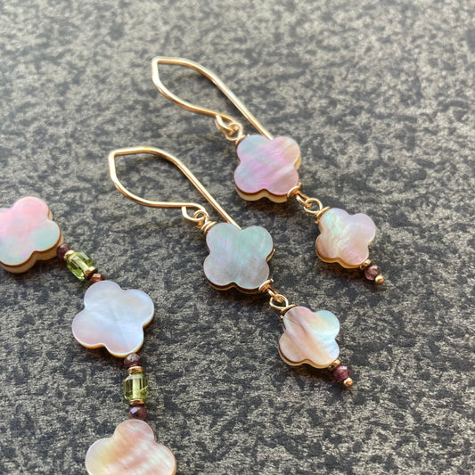 Black Mother of Pearl, Ruby & Gold Clover Earrings