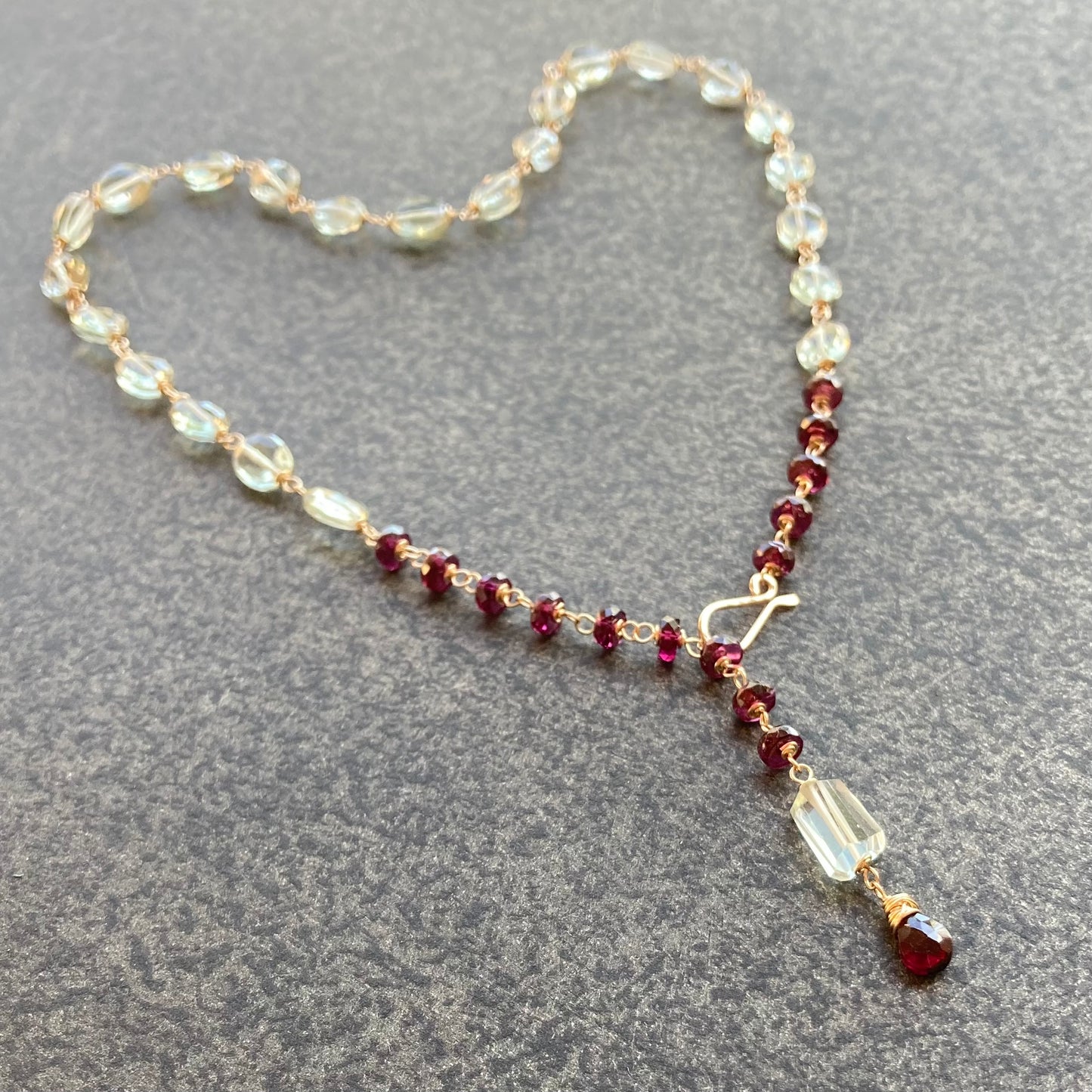 Prasiolite, Rhodolite & Gold Convertible Lariat Necklace