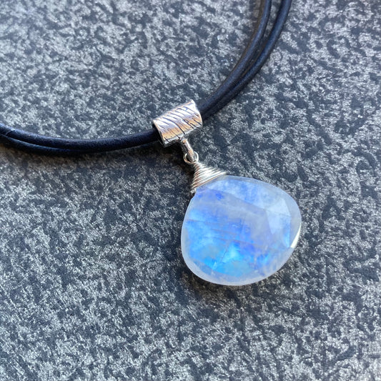 Rainbow Moonstone & Sterling Silver Leather Choker