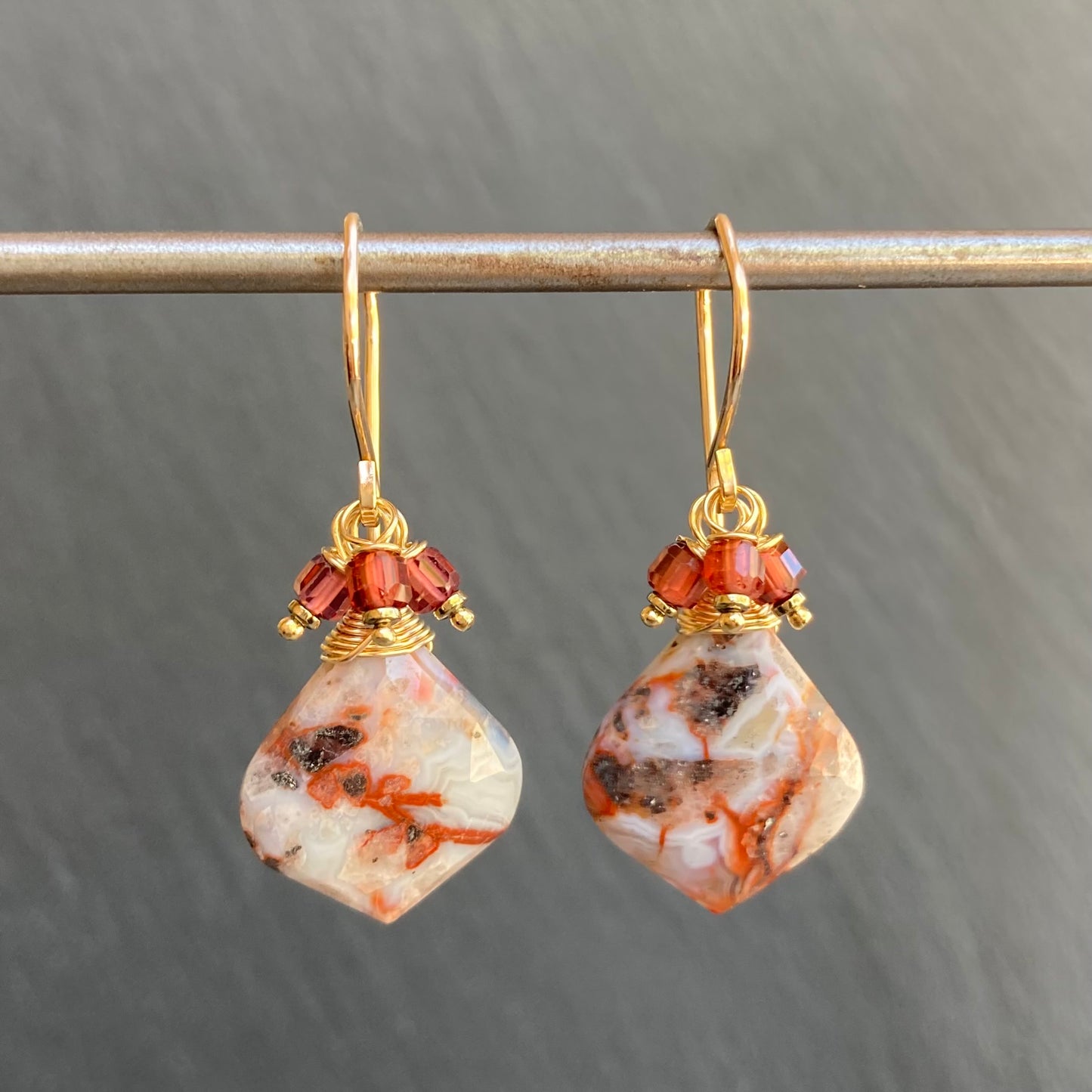 Crazy Lace Agate, Malaya Garnet & Gold Earrings