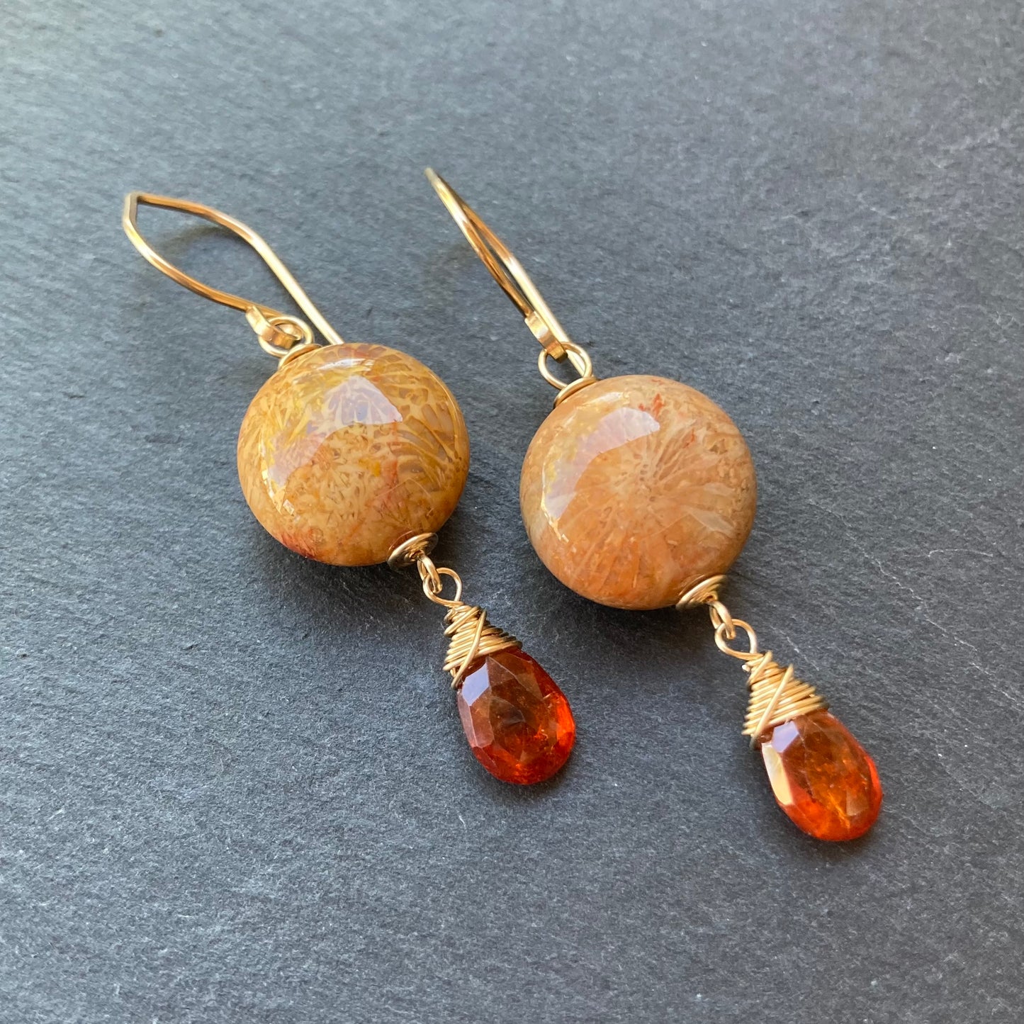 Fossil Coral, Hessonite Garnet & Gold Earrings