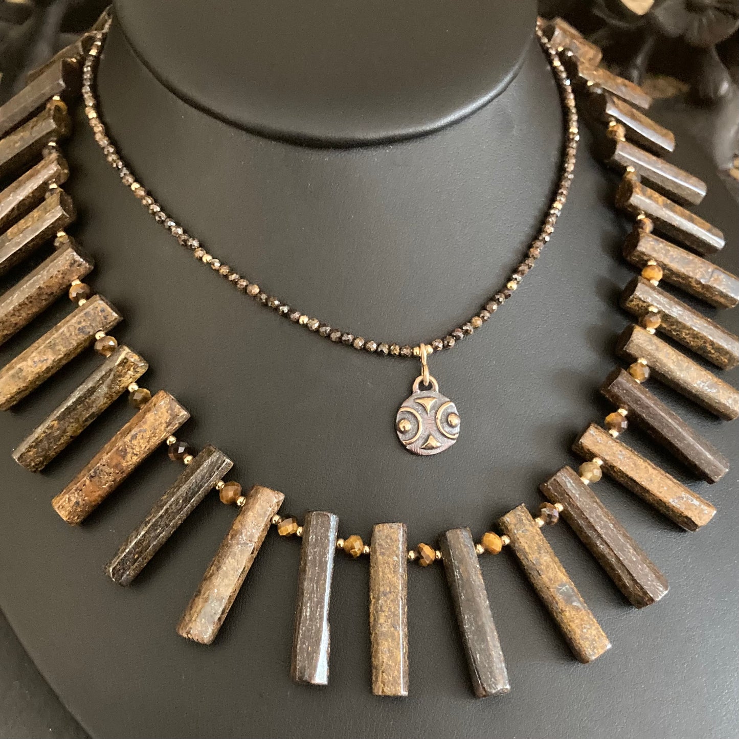 Bronzite, Gold & Bronze Tribal Pendant Choker