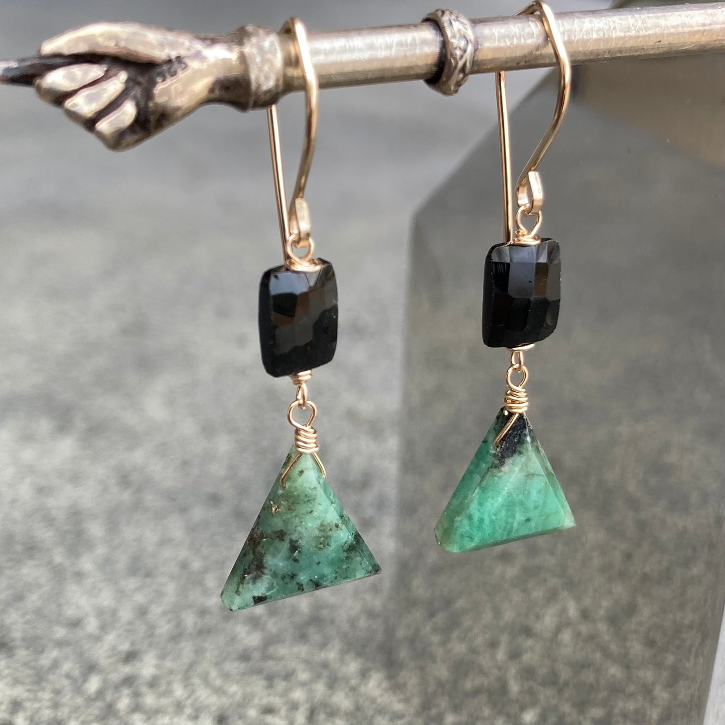 Natural Emerald, Black Spinel & Gold Earrings