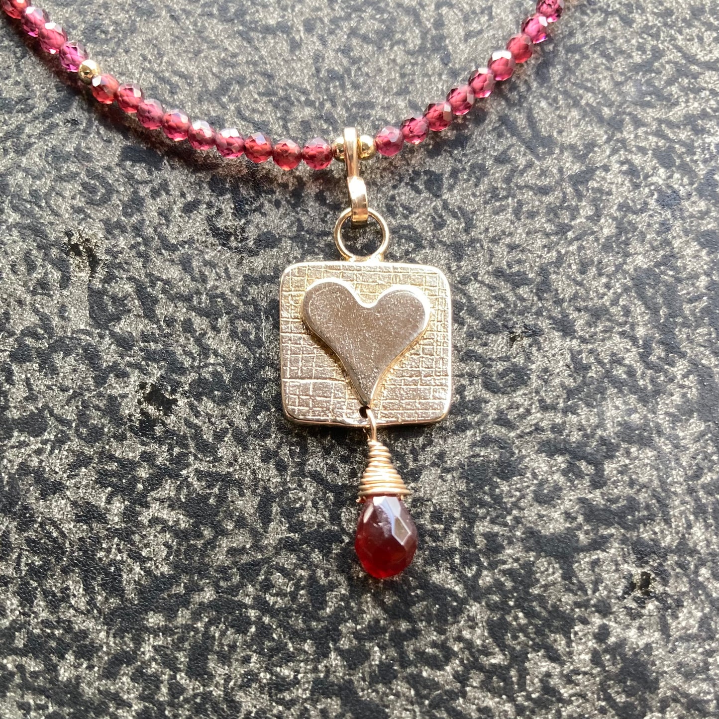 Mozambique Garnet, Gold & Bronze Heart Pendant Choker