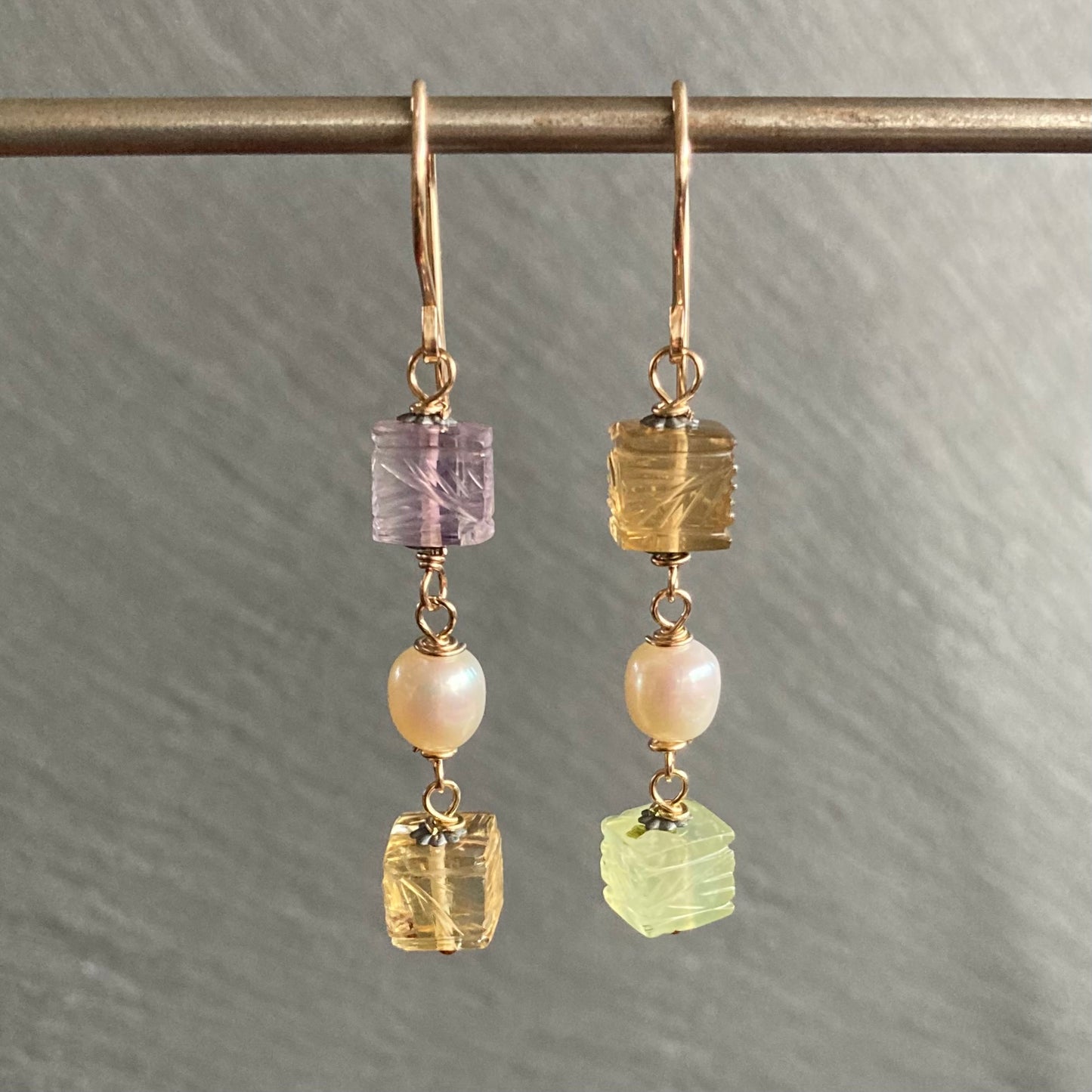 Multi Quartz, Freshwater Pearl & Mixed Metal Carved Lantern Earrings