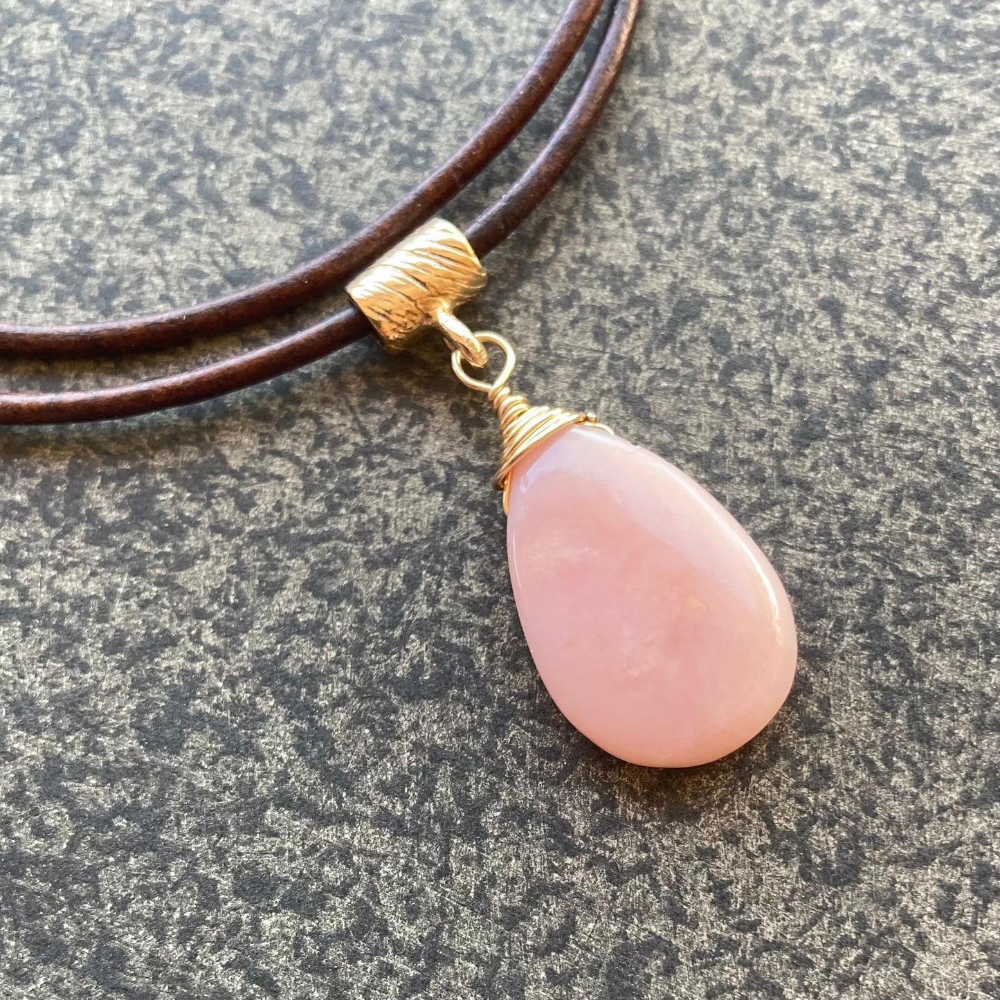 Pink Peruvian Opal & Bronze Leather Choker