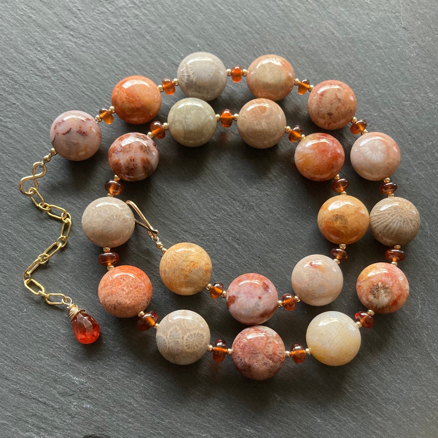 Fossil Coral, Hessonite Garnet & Gold Collar