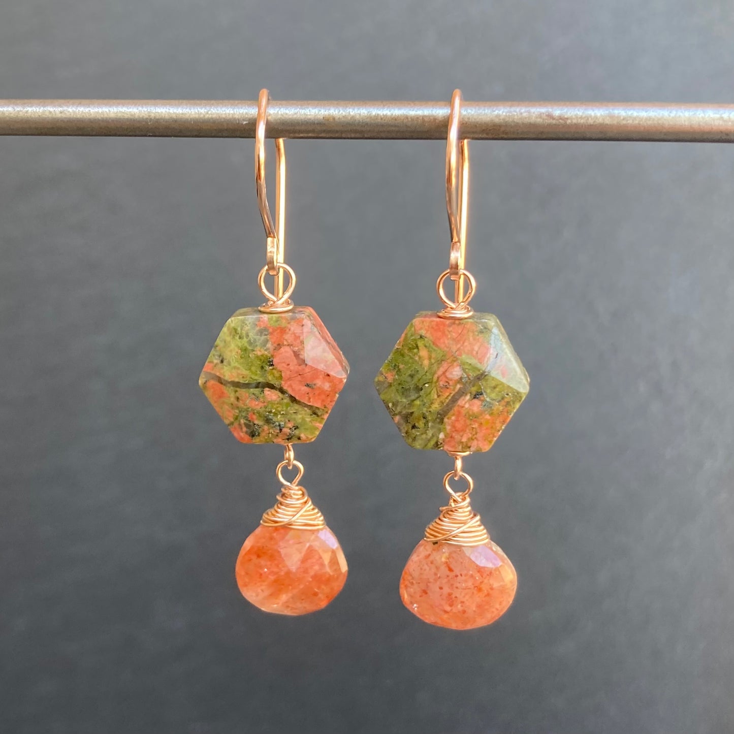Unakite, Sunstone & Rose Gold Earrings