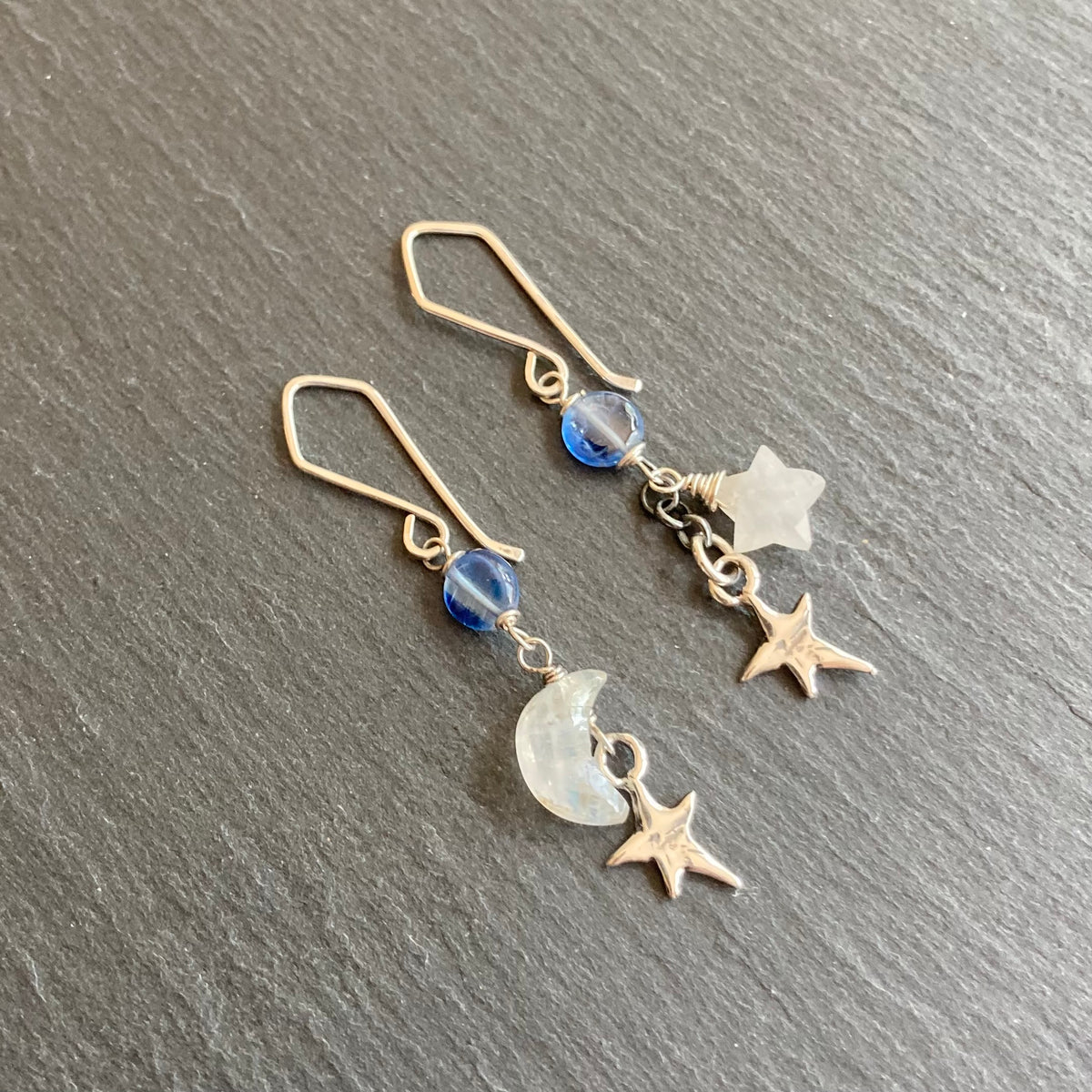 Custom Repair: Rainbow Moonstone, Blue Kyanite & Sterling Siver Moon Star Earrings