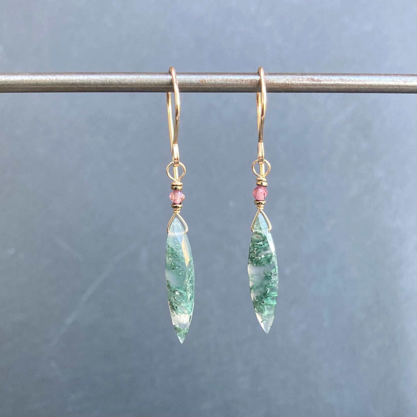 Moss Agate & Gold Marquis Earrings