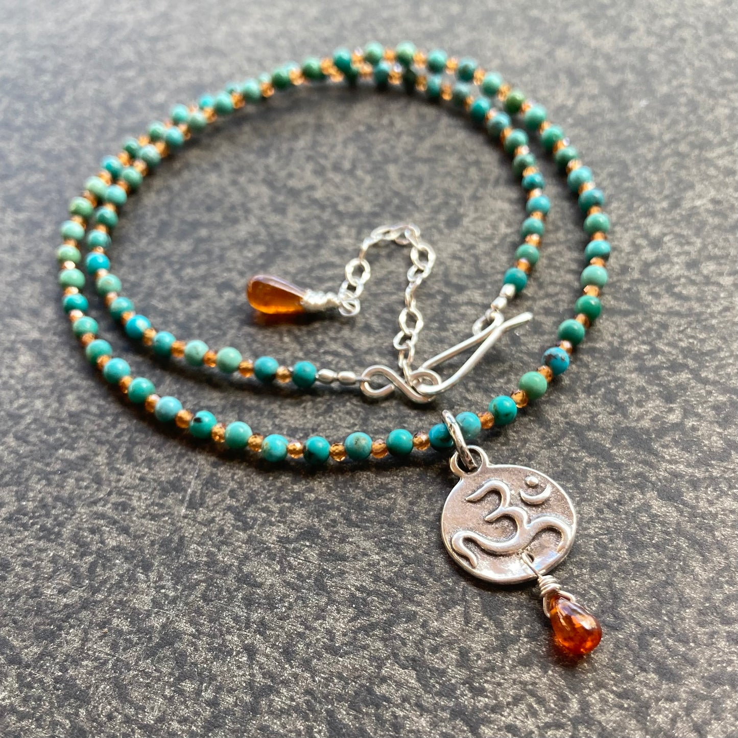 Hubei Turquoise, Hessonite Garnet & Sterling Silver Om Coin Pendant Necklace