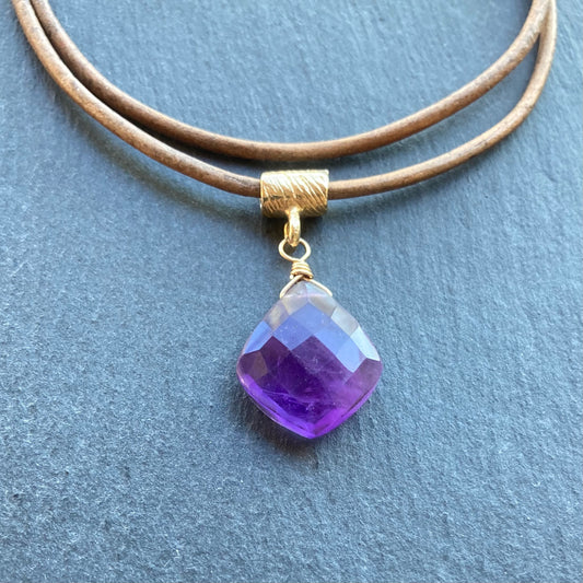 Amethyst & Bronze Leather Choker