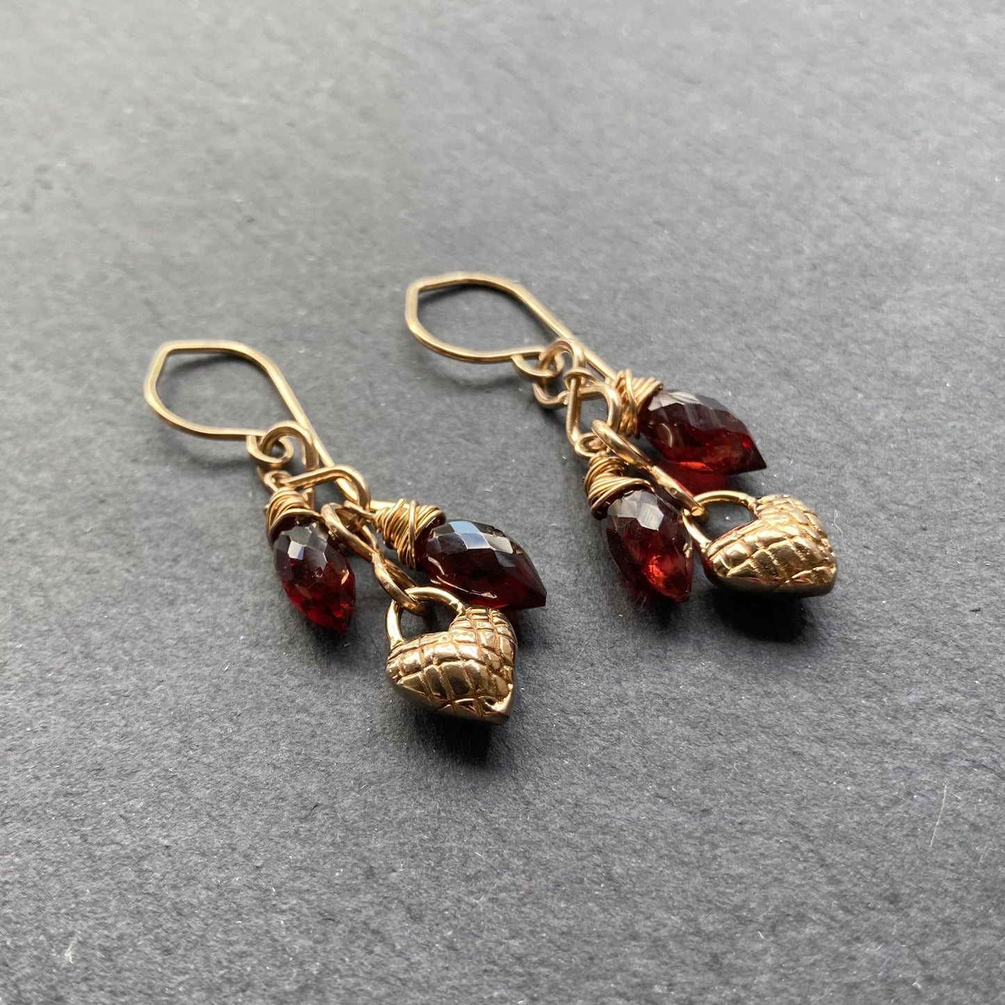Mozambique Garnet, Gold & Bronze Heart Cascade Earrings