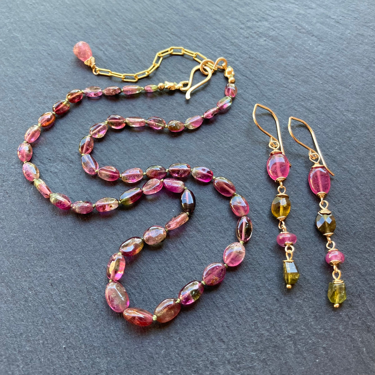 Pink Sapphire, Petro Tourmaline & Gold Earrings