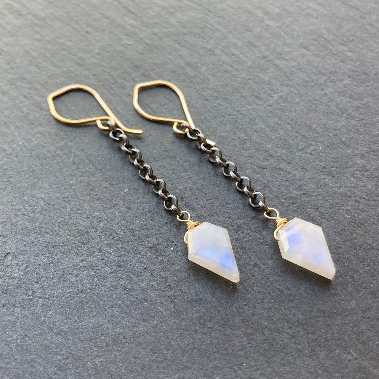 Rainbow Moonstone & Mixed Metal Arrowhead Earrings