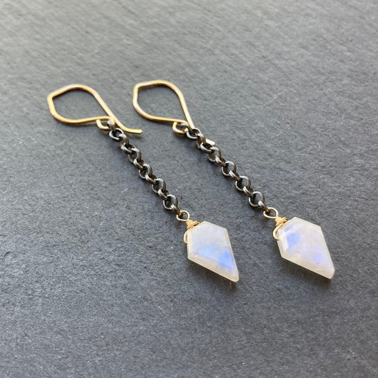 Rainbow Moonstone & Mixed Metal Arrowhead Earrings