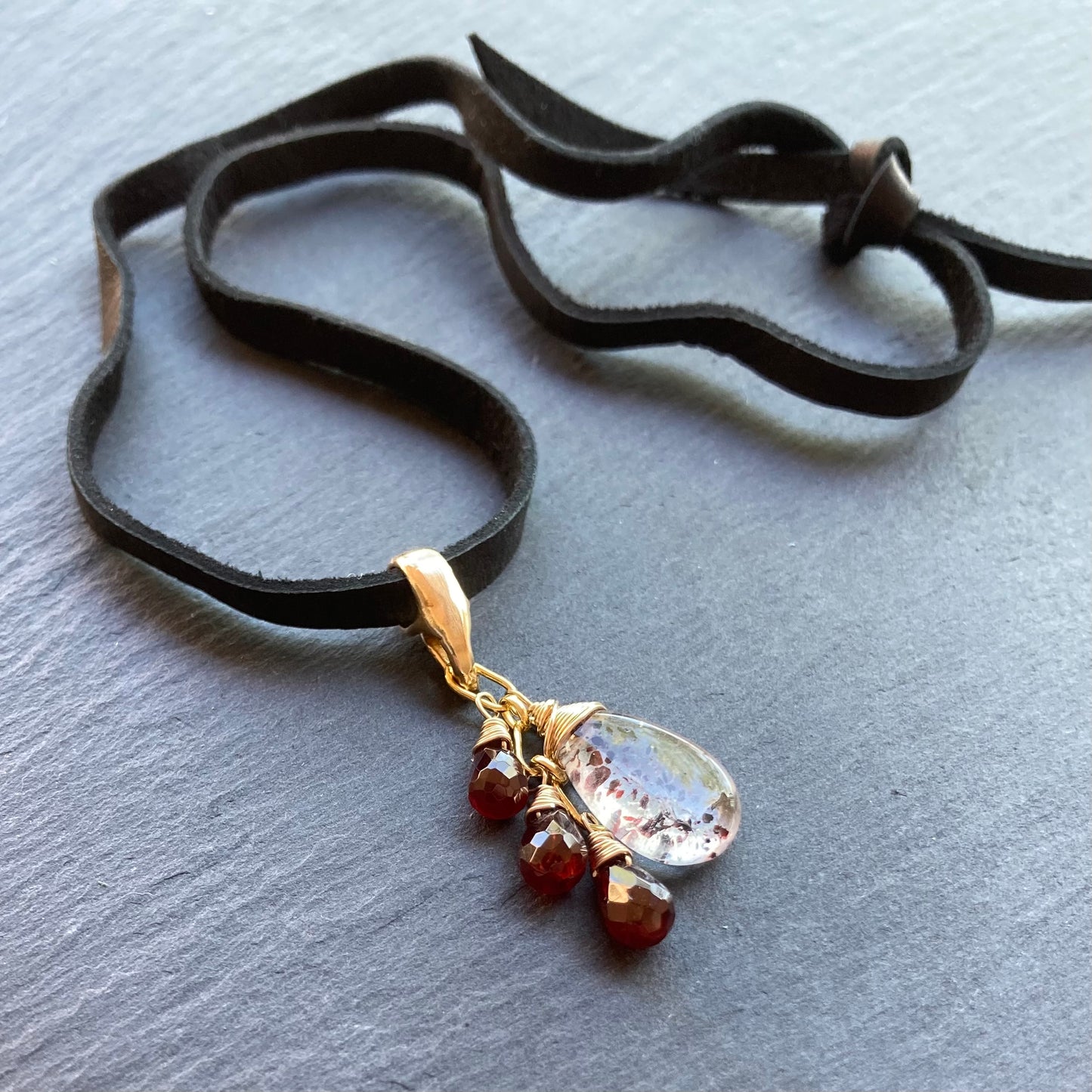 Lepidocrocite, Mozambique Garnet, Gold & Bronze Deertan Leather Choker