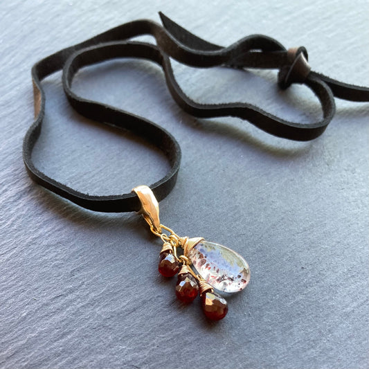 Lepidocrocite, Mozambique Garnet, Gold & Bronze Deertan Leather Choker