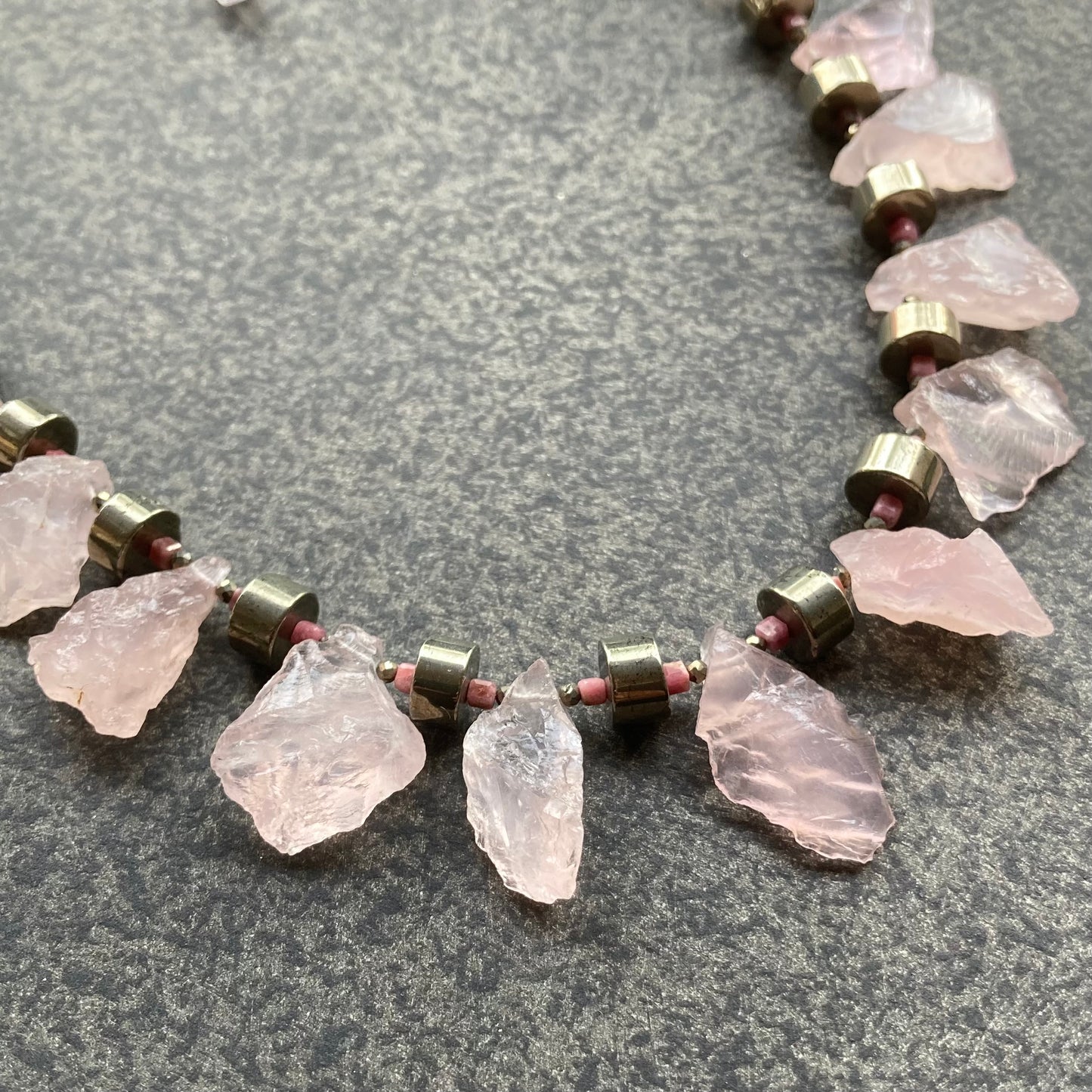 Raw Rose Quartz, Pyrite, Rhodonite & Mixed Metal Collar