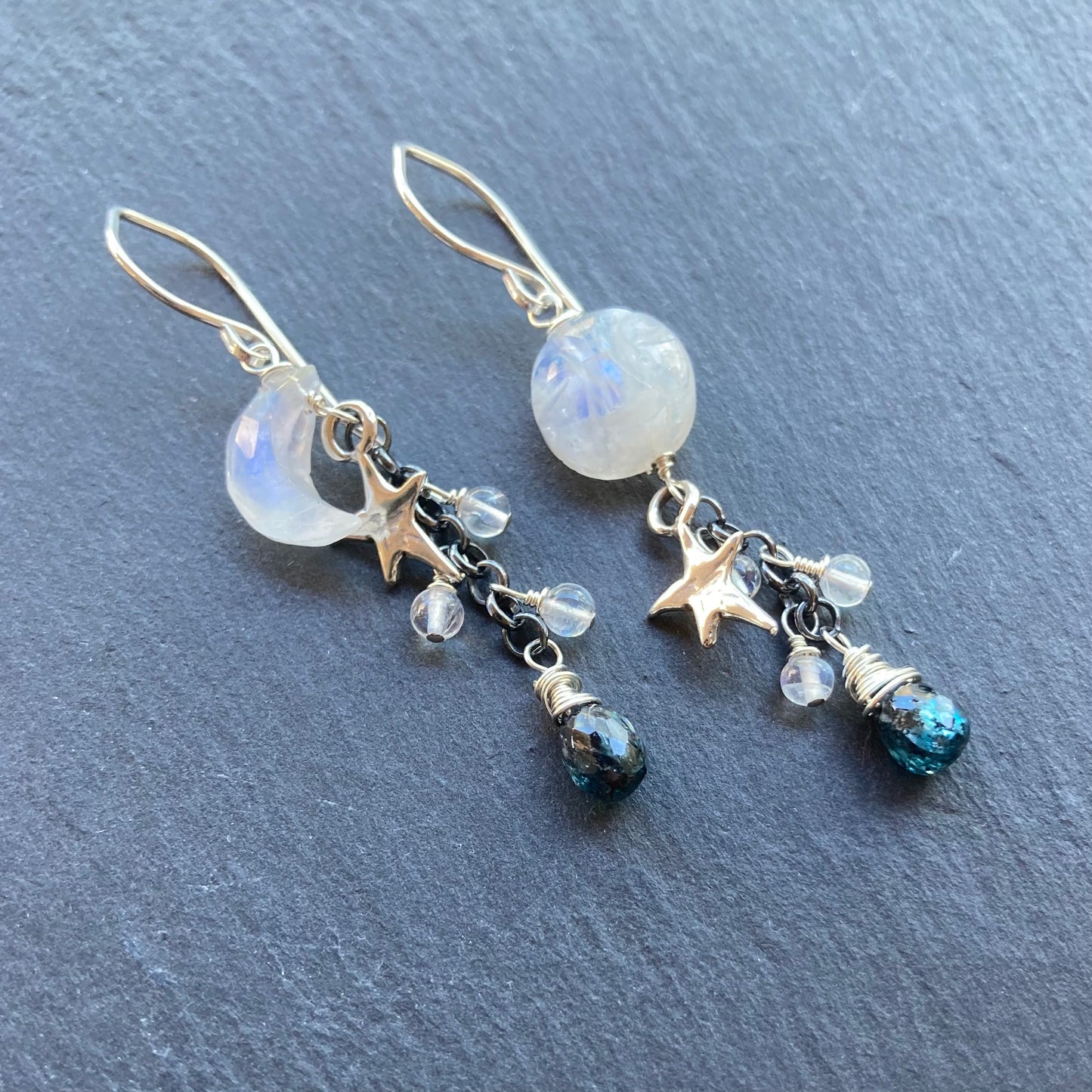 Rainbow Moonstone, Moss Kyanite & Sterling Silver Winter Solstice Earrings